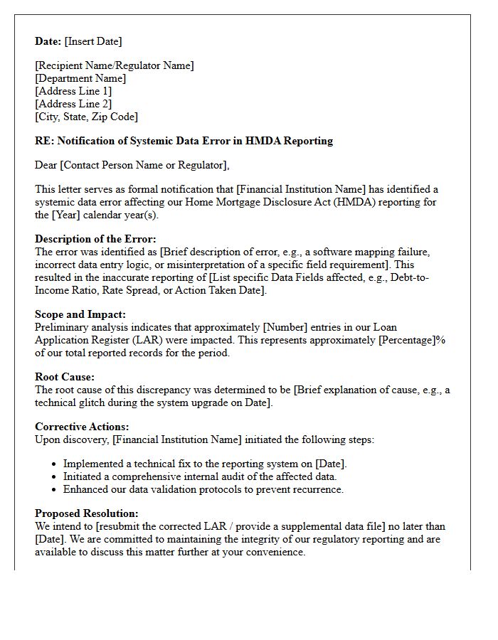 Systemic Data Error Notification Letter for Home Mortgage Disclosure Act Reporting
