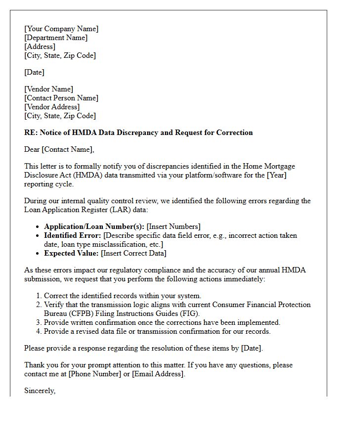 Third-Party Vendor Data Correction Letter for Home Mortgage Disclosure Act Transmissions