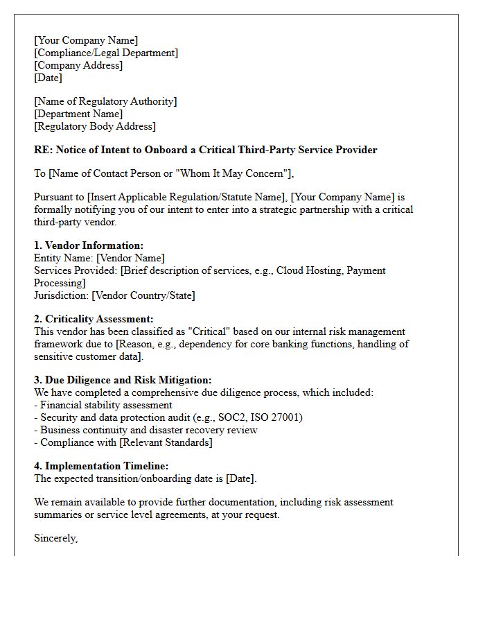 Initial Regulatory Notification Letter for Critical Third-Party Vendor Onboarding