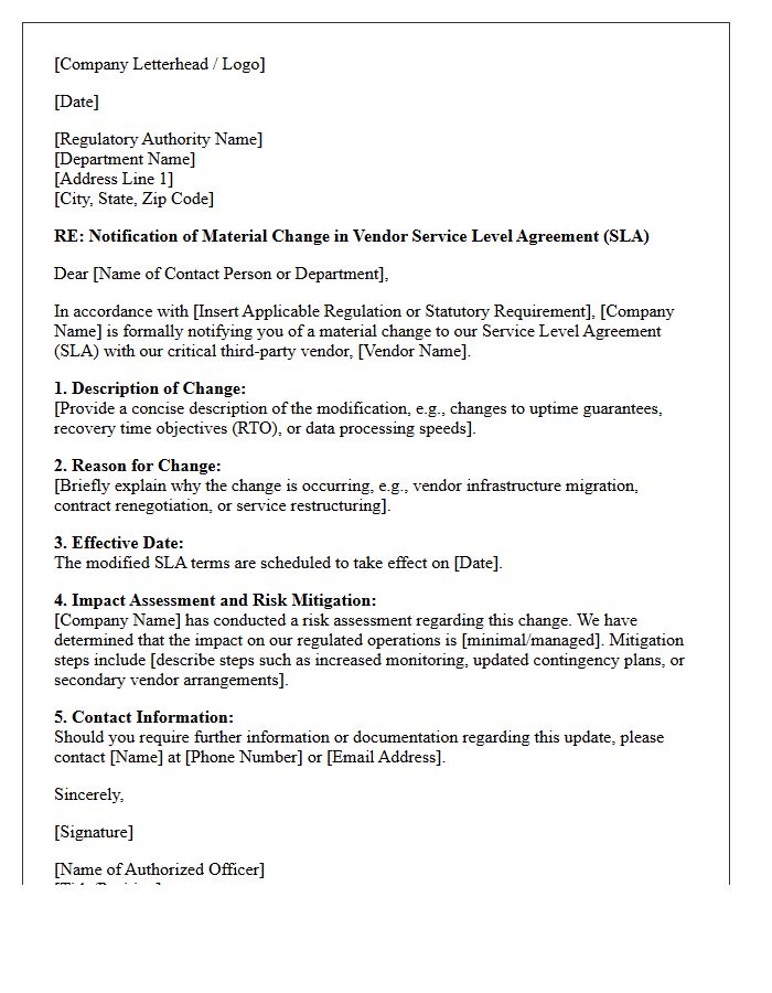 Material Change in Vendor Service Level Agreement Regulatory Letter