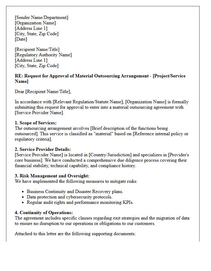 Material Outsourcing Agreement Regulatory Approval Request Letter