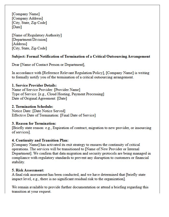 Termination of Critical Outsourcing Arrangement Regulatory Submission Letter