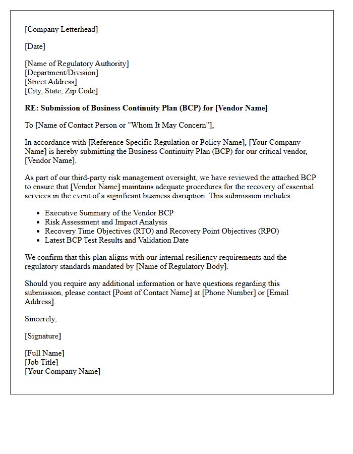 Vendor Business Continuity Plan Regulatory Submission Letter