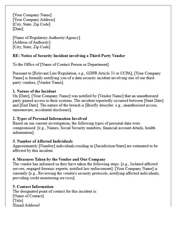 Vendor Data Breach Regulatory Incident Reporting Letter