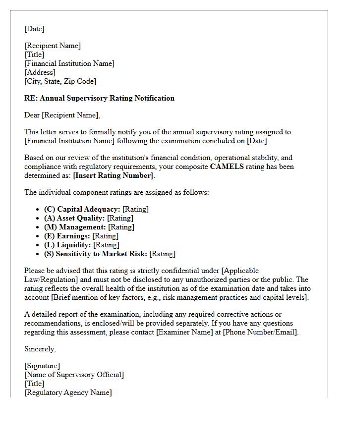 Annual CAMELS Supervisory Rating Notification Letter