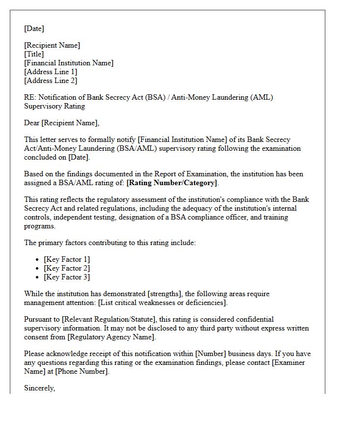 Bank Secrecy Act Supervisory Rating Notification Letter
