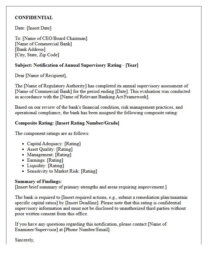 Commercial Bank Supervisory Rating Notification Letter
