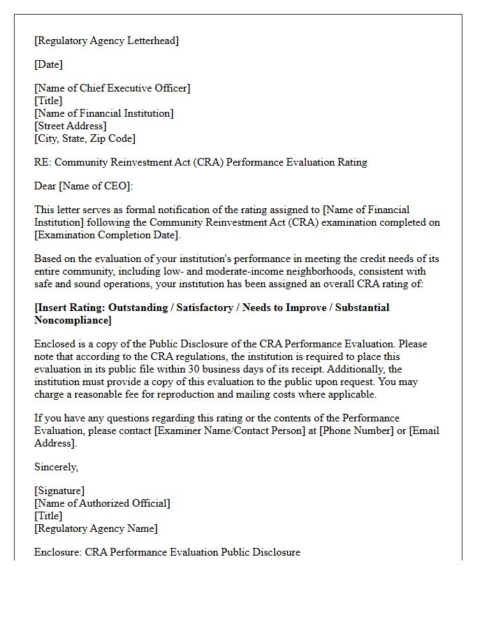 Community Reinvestment Act Supervisory Rating Notification Letter