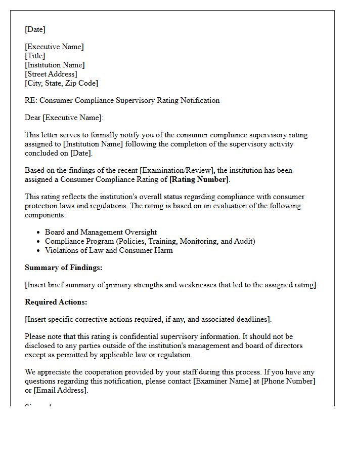 Consumer Compliance Supervisory Rating Notification Letter