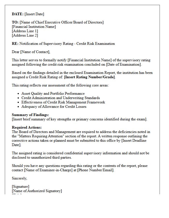 Credit Risk Examination Supervisory Rating Notification Letter