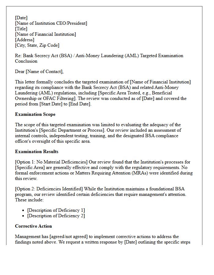Bank Secrecy Act Targeted Examination Conclusion Letter