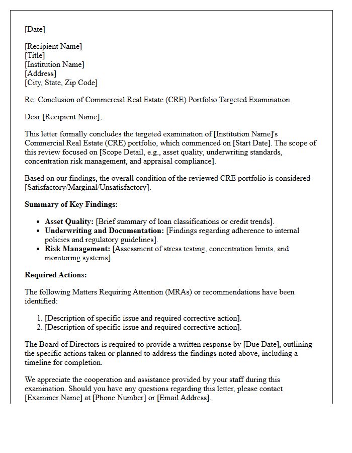 Commercial Real Estate Portfolio Targeted Examination Conclusion Letter