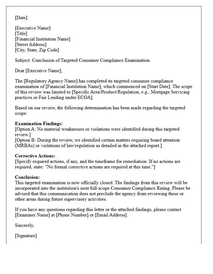 Consumer Compliance Targeted Examination Conclusion Letter
