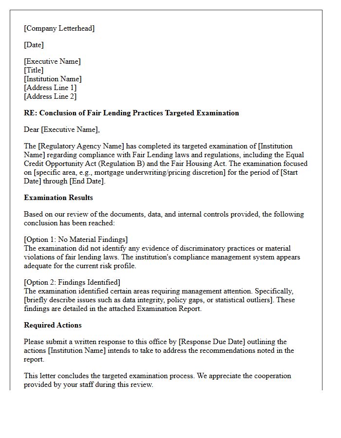 Fair Lending Practices Targeted Examination Conclusion Letter