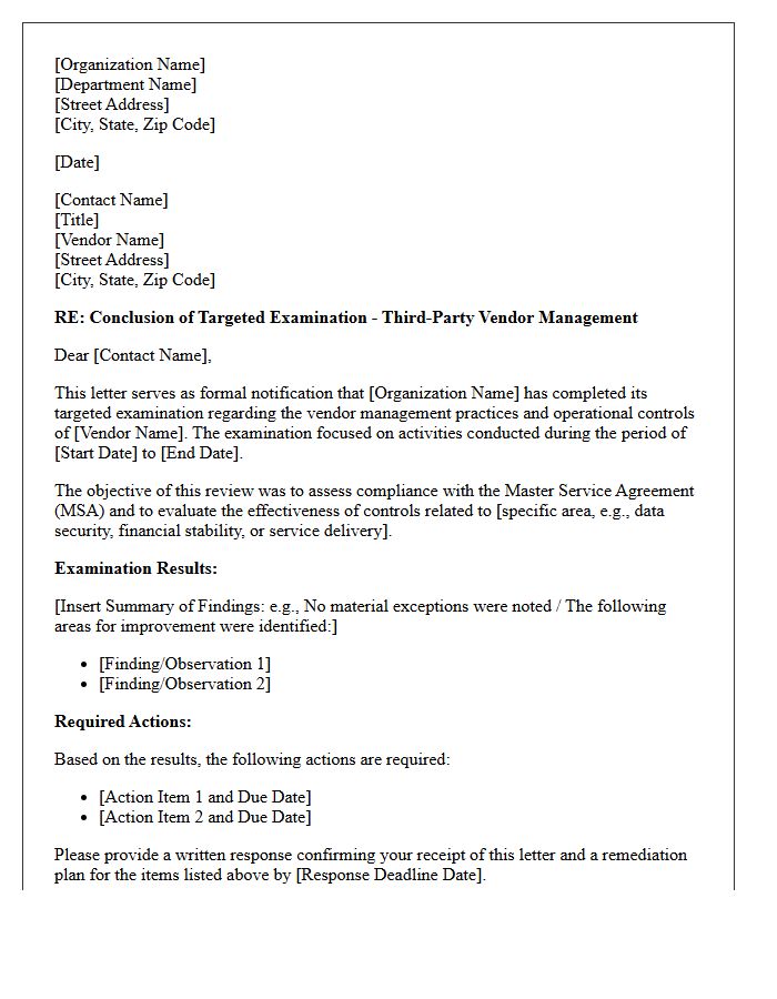 Third-Party Vendor Management Targeted Examination Conclusion Letter