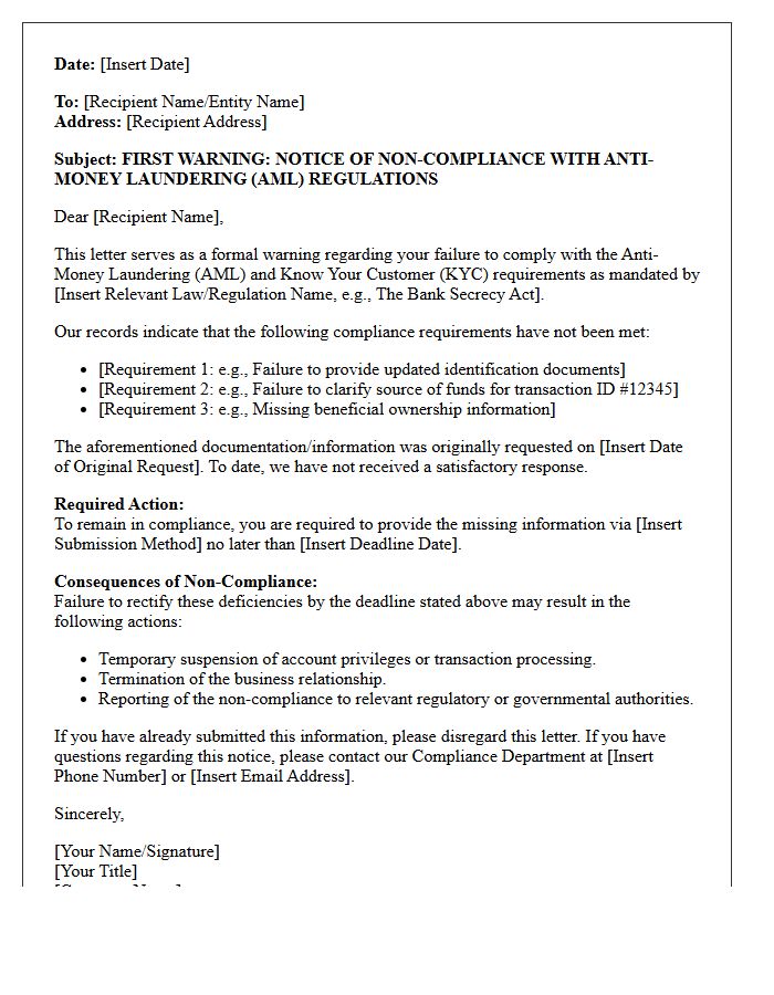 Anti-Money Laundering Non-Compliance Warning Letter