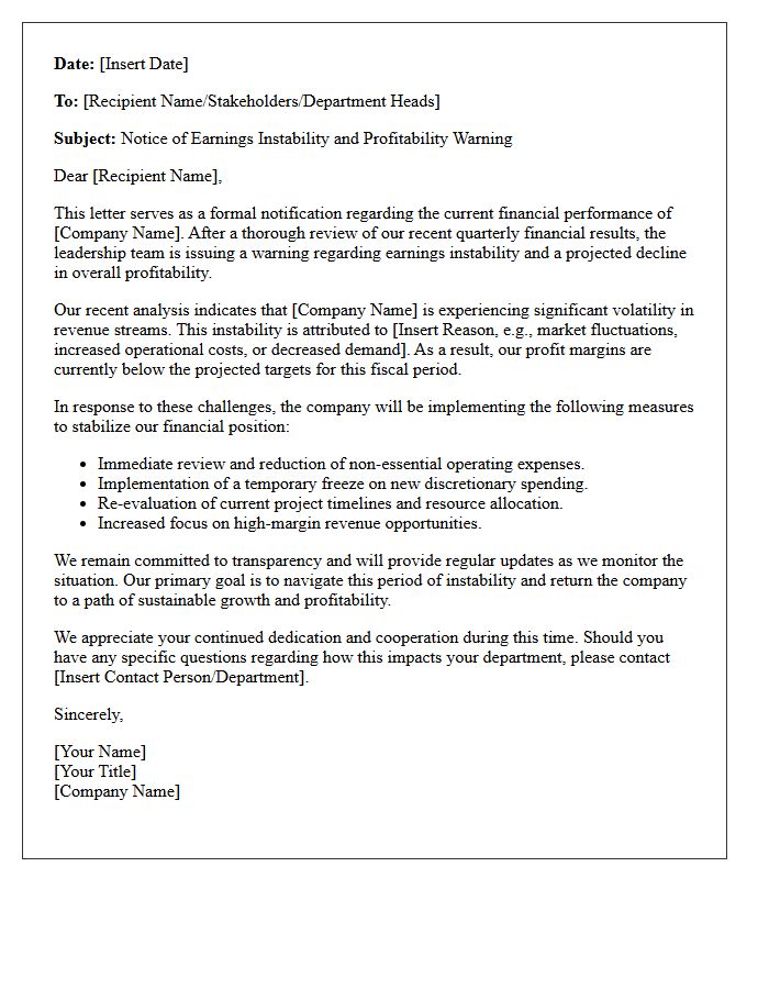Earnings Instability and Profitability Warning Letter