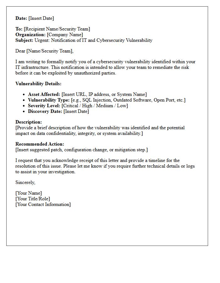 Information Technology and Cybersecurity Vulnerability Letter