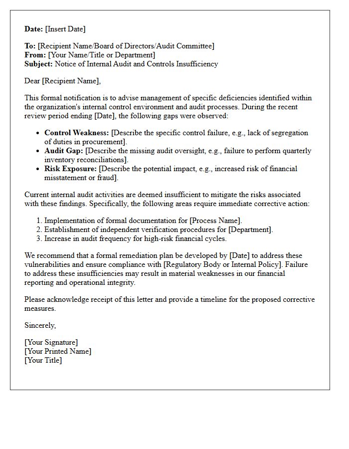 Internal Audit and Controls Insufficiency Letter