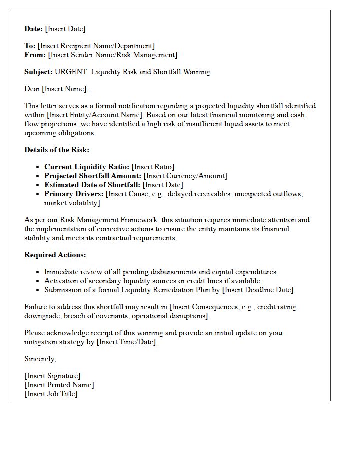 Liquidity Risk and Shortfall Warning Letter