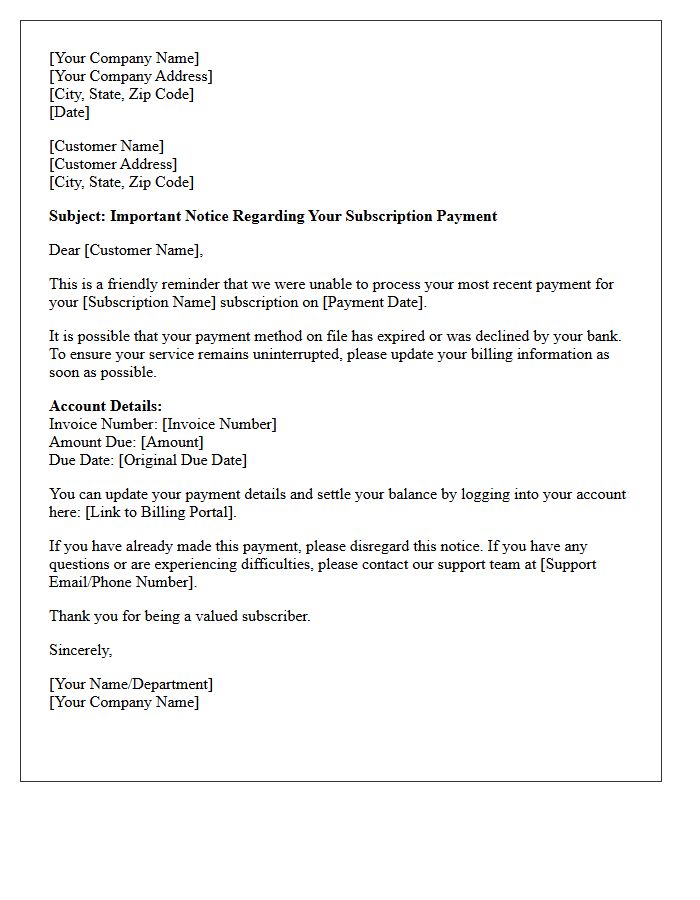 Missed Subscription Payment First Notice Letter