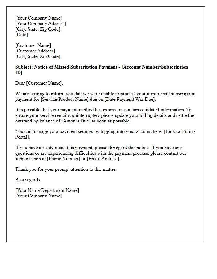 Notice of Missed Subscription Payment First Letter