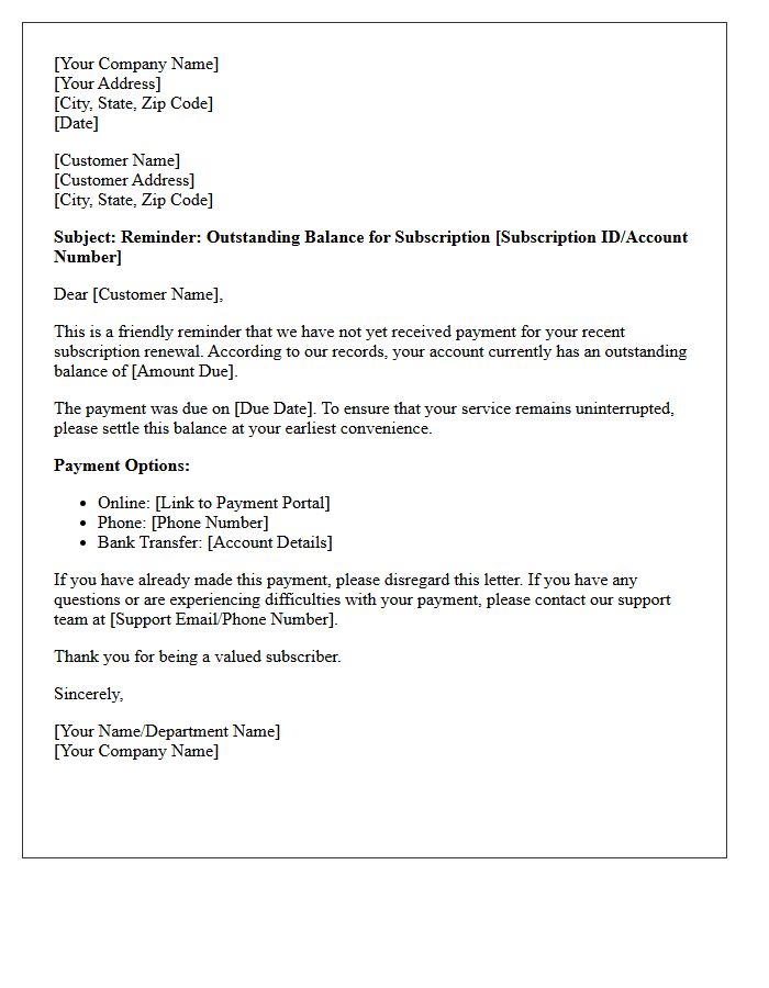 Outstanding Subscription Balance First Reminder Letter
