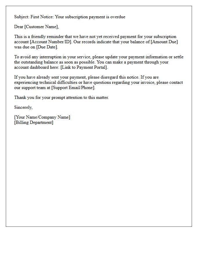Subscription Account Delinquency First Reminder Letter