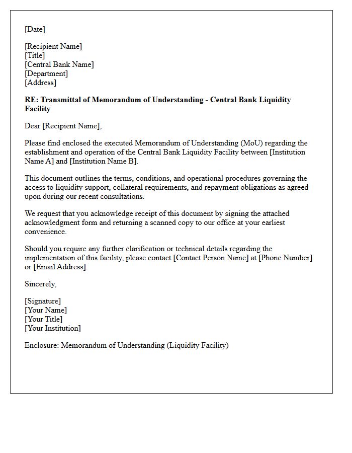 Central Bank Liquidity Facility Memorandum Of Understanding Transmittal Letter