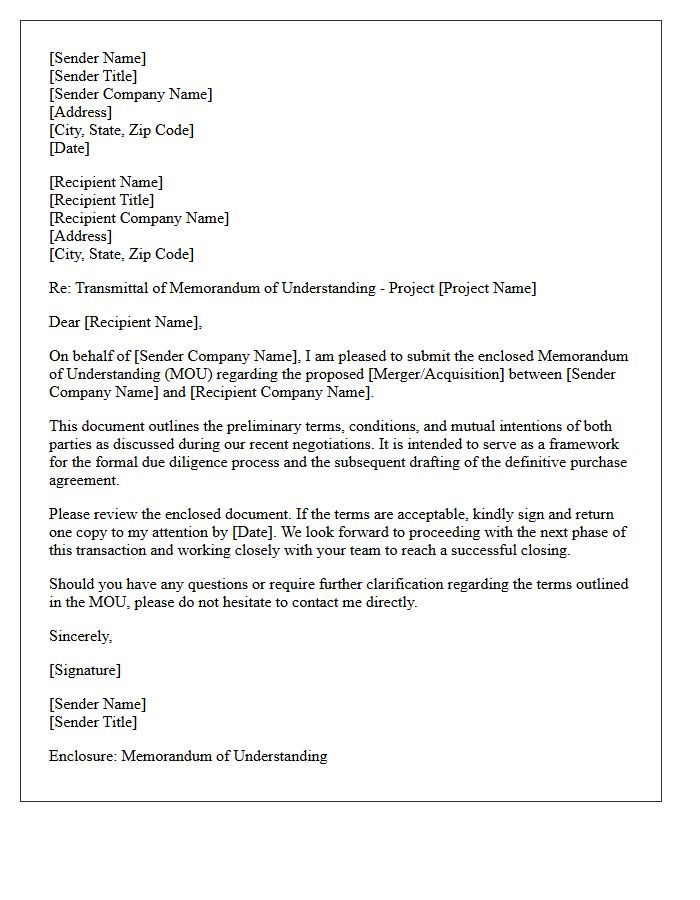 Corporate Merger And Acquisition Memorandum Of Understanding Transmittal Letter
