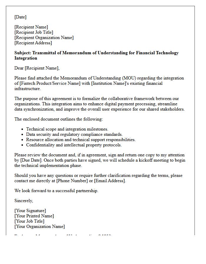 Financial Technology Integration Memorandum Of Understanding Transmittal Letter