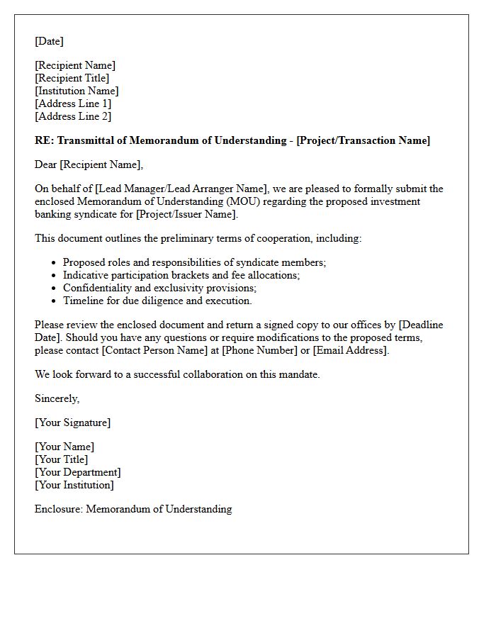 Investment Banking Syndicate Memorandum Of Understanding Transmittal Letter