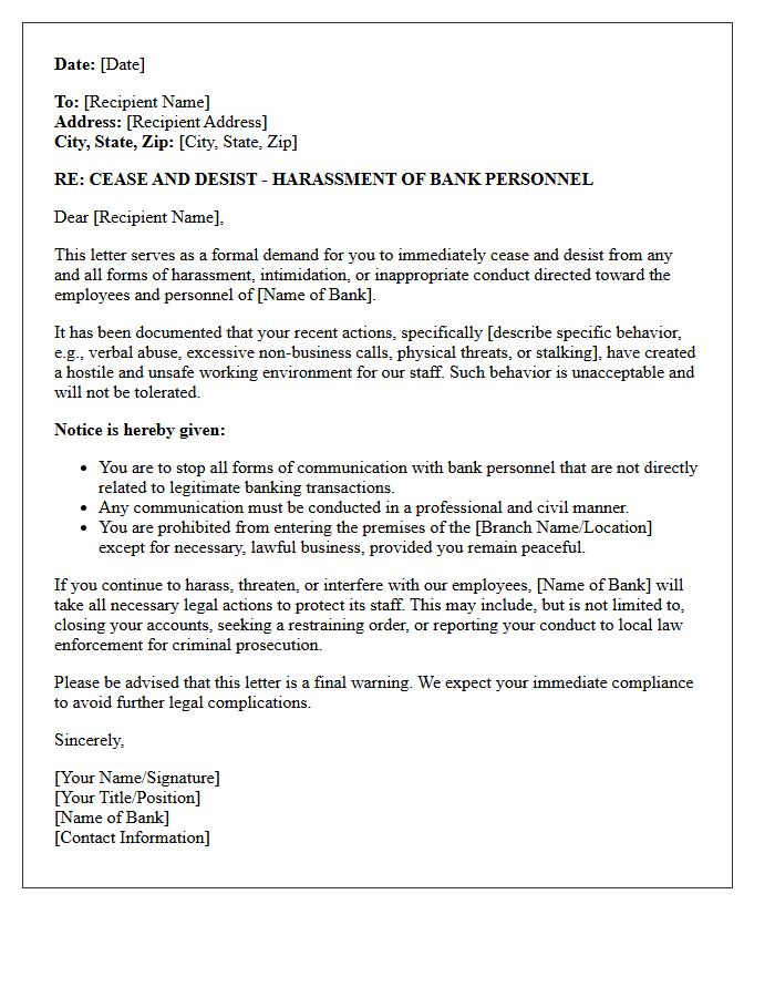 Cease and Desist Letter for Harassment of Bank Personnel