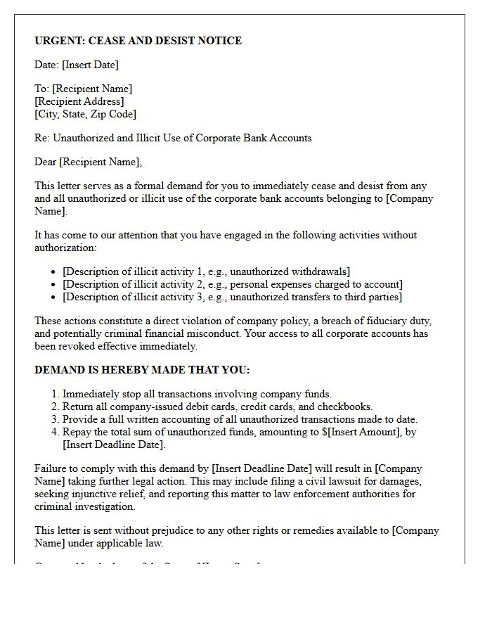 Cease and Desist Letter for Illicit Use of Corporate Bank Accounts