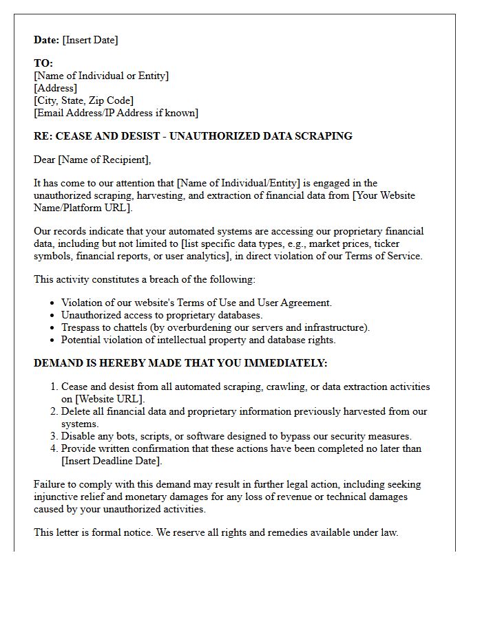 Cease and Desist Letter for Unauthorized Financial Data Scraping