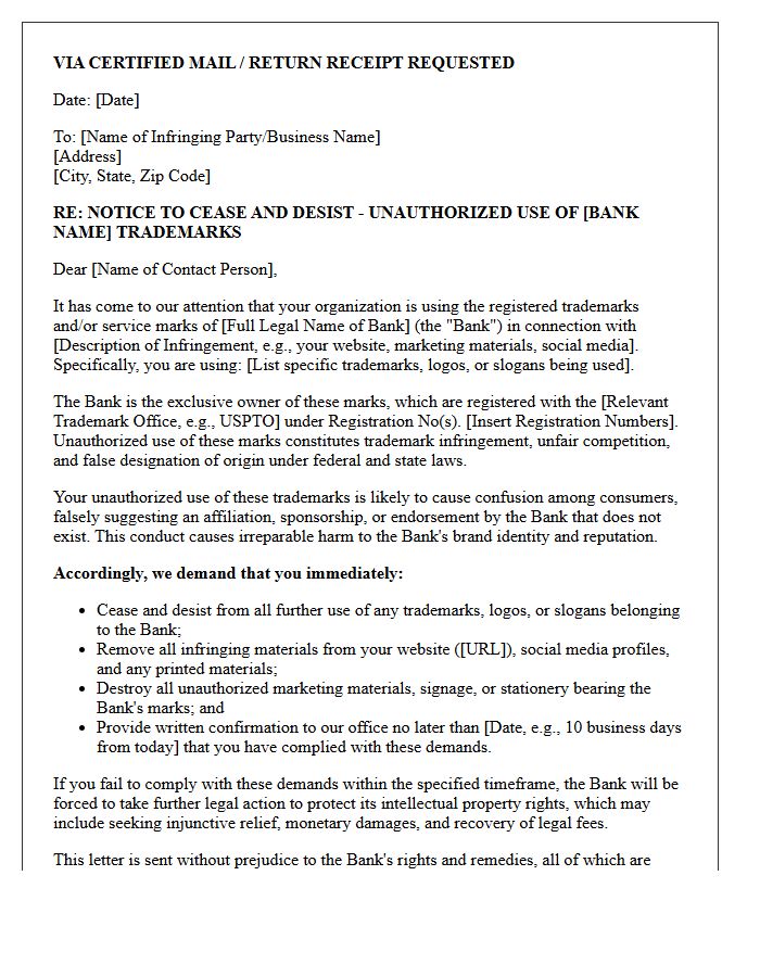Cease and Desist Letter for Unauthorized Use of Bank Trademarks