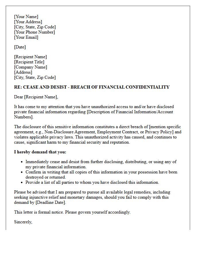 Cease and Desist Letter Regarding Breach of Financial Confidentiality