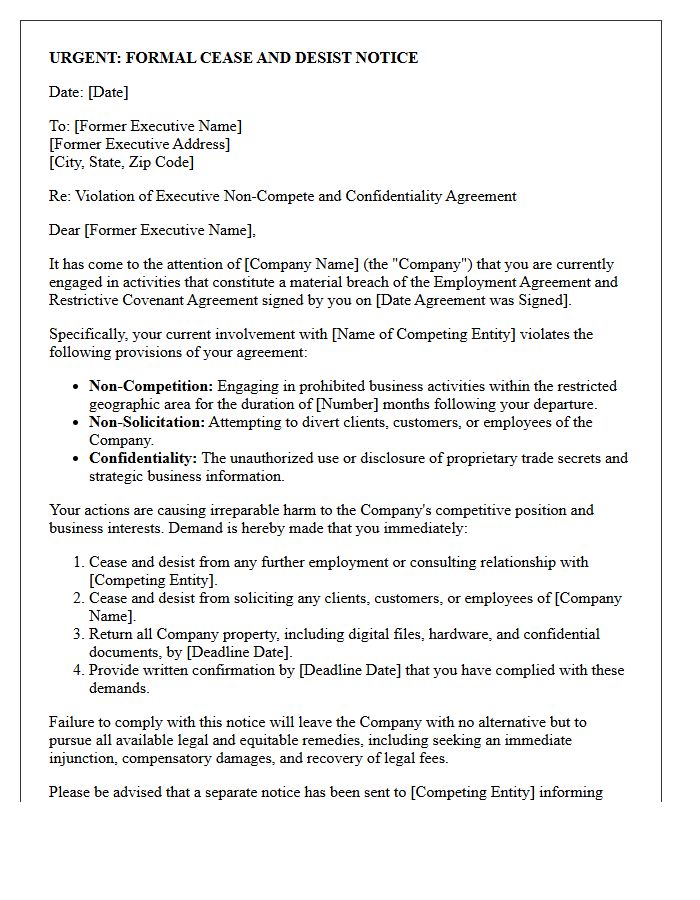 Cease and Desist Letter Regarding Executive Non-Compete Agreement Violation