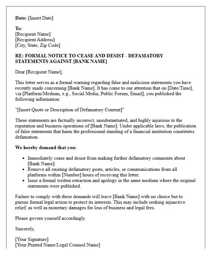 Warning Letter for Defamation Against the Banking Institution