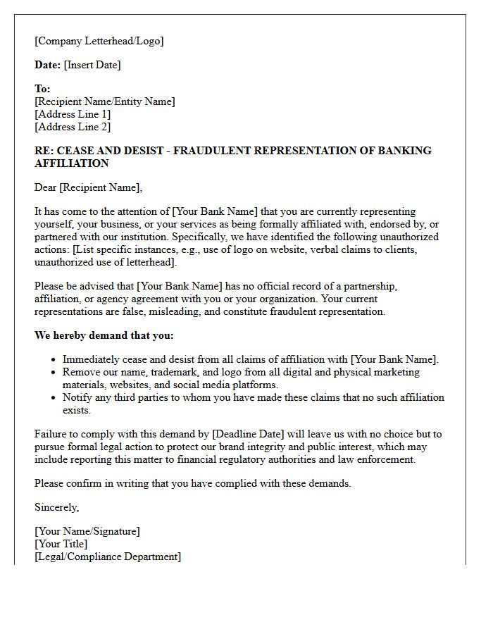 Warning Letter for Fraudulent Representation of Banking Affiliation