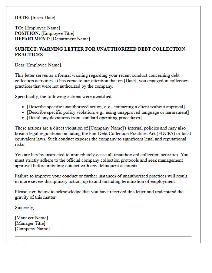 Warning Letter for Unauthorized Debt Collection Practices