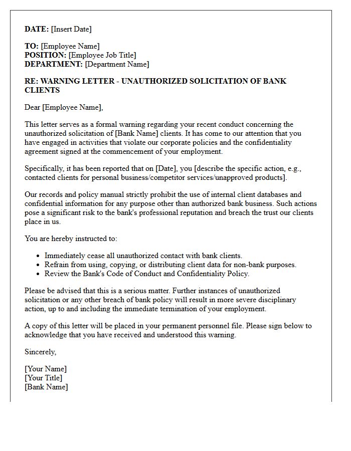 Warning Letter Regarding Unauthorized Solicitation of Bank Clients