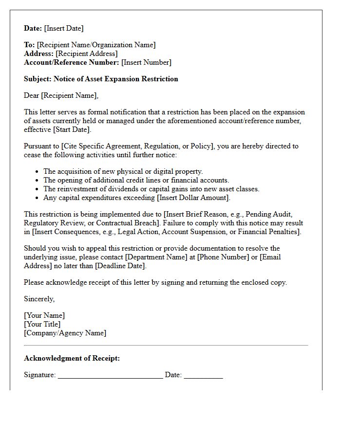 Asset Expansion Restriction Notice Letter