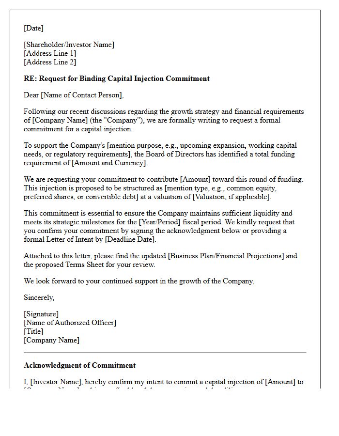 Capital Injection Commitment Request Letter