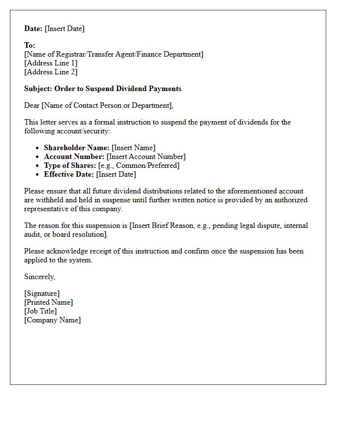 Dividend Payment Suspension Order Letter