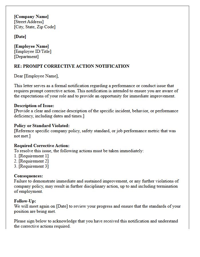 Prompt Corrective Action Notification Letter