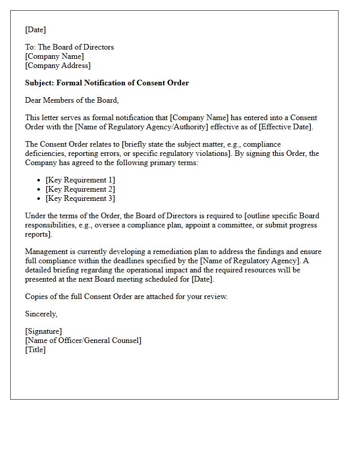 Board of Directors Consent Order Notification Letter