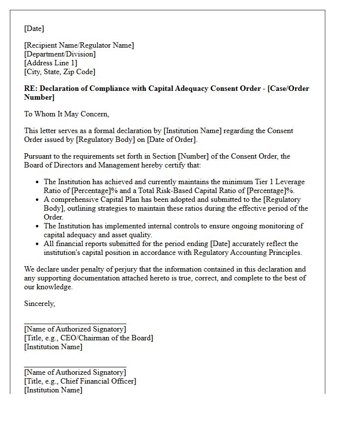 Capital Adequacy Consent Order Declaration Letter
