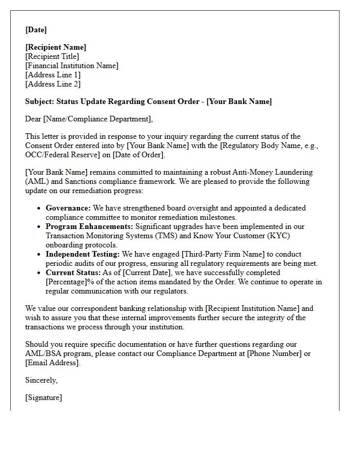 Correspondent Banking Consent Order Status Letter