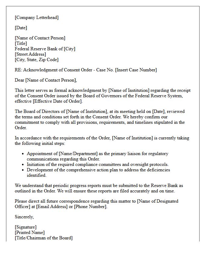 Federal Reserve Consent Order Acknowledgment Letter